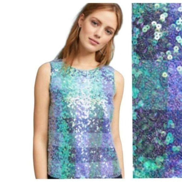 Anthropologie Maeve Amatheia Sequin tank Top  blue green color - Picture 3 of 13